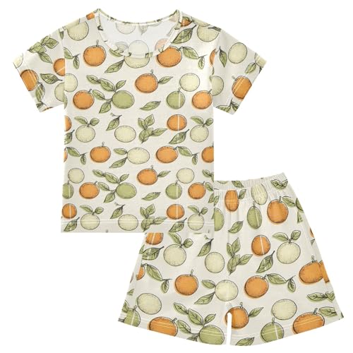 Orange Retro Cartoon Pattern Summer Cute Pajama Sets, Short Sets for Daily Wears and Sleep Wears