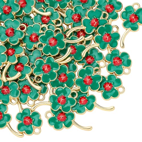 COGCHARGER 50 colgantes de trébol para pulseras verde esmaltado para pulseras trébol con mariquita chapado en oro para hacer joyas DIY collares pendientes