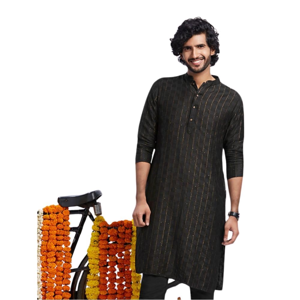 KISAH Men's Black Cotton Blend Lappet Kurta – Regular Fit with Mandarin Collar|Traditional Ethnic Festive Wear