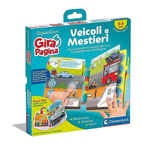 Clementoni - 16646 - Sapientino - Girapagina, Veicoli E Mestieri - Libro Educativo Ed Interattivo per Stimolare L'Interesse alla Lettura, per Bambini dai 2 Anni (Gioco in Italiano