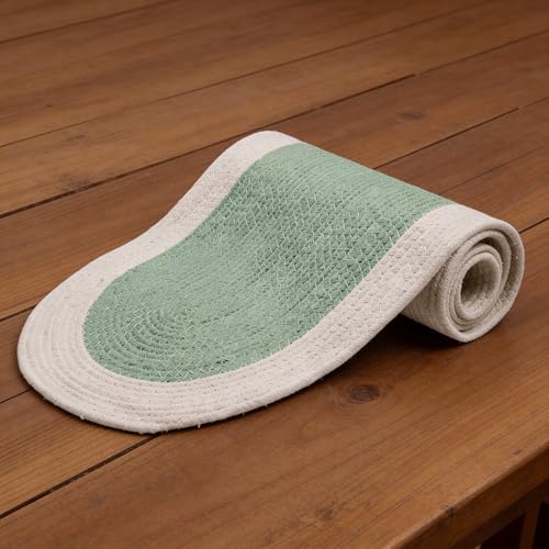 Image of Encasa XO Table Runner for 4 Seater | Handmade Ribbed Style Cotton | 30x137 cm | Sage & Off White | for Dining & Center Table