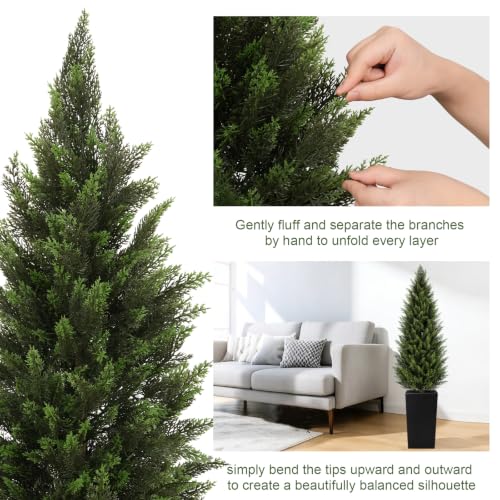Image of VIVATREES 5FT Artificial Cedar Topiary Trees 2 Pack, Faux Cypress Plants with Black Square Planters, UV Resistant Outdoor Evergreen Decor for Front Porch, Patio, Garden & Home