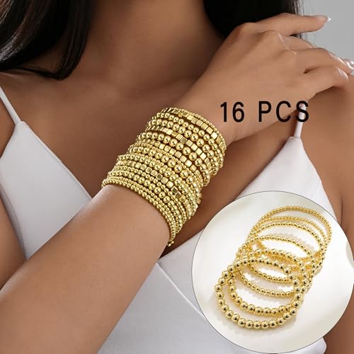 ÌF ME 16 PCS Gold Bead Bracelet for Women, Gold Beaded Stretch Plated Stackable Strand Bead Ball Bracelets stack Adjustable Jewelry Set for Gifts2