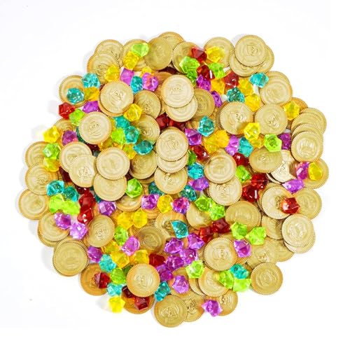 Yolistar 160 peças moedas de ouro pirata e pedras preciosas piratas do tesouro pirata, decoração festa pirata, jogo caça ao tesouro, presente aniversário infantil