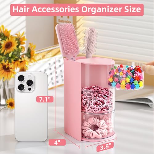 Image of neotidy Hair Accessories Organizer with Hair Brush Holder, Rotating Hair Tie Product Organizer for Girls, 3-Tier Makeup Brush Holder for Clips, Bows & Brushes (Pink, 3-Tier)