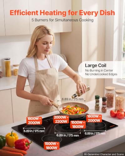 Image of VEVOR Induction Cooktop 30inch 5 Burners Built-in Electric Stove 220V 9200W, Induction Burner for Kitchen, with 9 Power Levels, LED Touch Screen, Ceramic Glass Surface, Child Lock