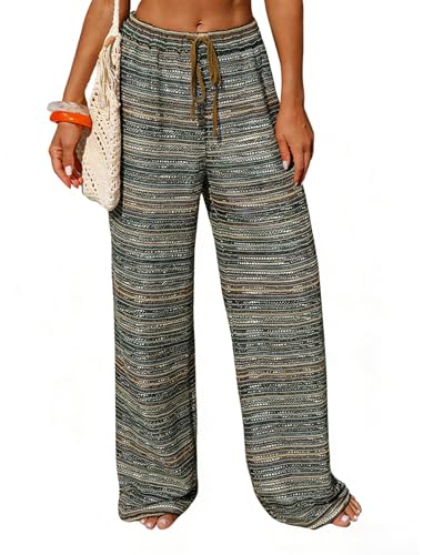 Image of ZAFUL Womens Beach Cover Up Pants Sexy Crochet Drawstring Elastic Boho Swimsuit Cover Up Long Pants Beach Wear