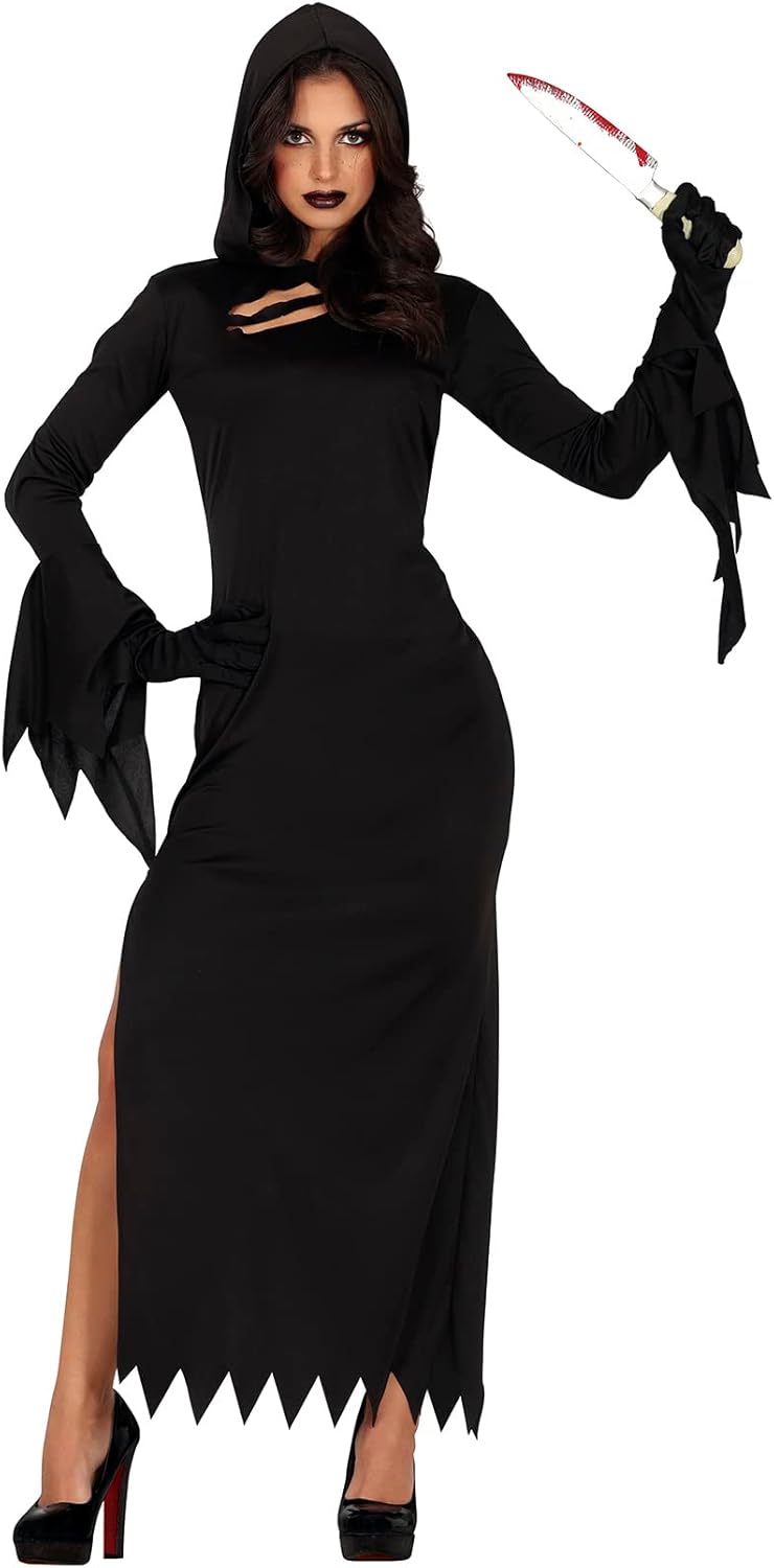 FIESTAS GUIRCA Knife Assassin Costume - Black Dress with Hood Halloween Costume Women