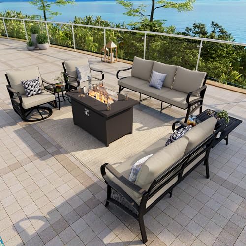Image of 7-Piece Outdoor Furniture Set, Metal Swivel Rocking Chairs with All-Weather Cushions, Patio Conversation Set with Fire Pit Table for Deck, Porch, Garden, Backyard, Poolside (Beige Cushions)