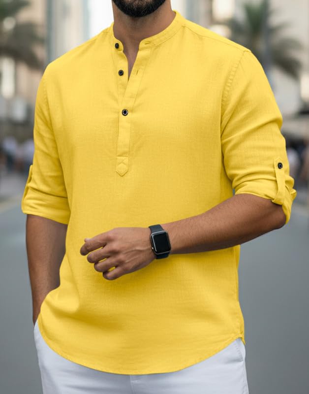 Image of Men Cotton Blend Mandarin Collar Casual Kurta Shirt | Roll-Up Sleeves | Regular Fit Ethnic Short Kurta for Daily