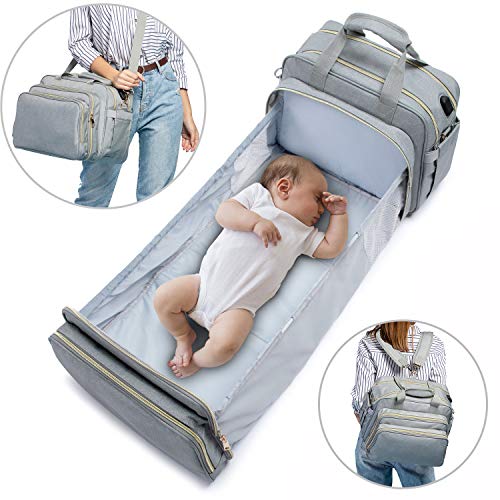 Diaper Bag Backpack with Travel Bassinet, Portable Baby Bed, Multi-Functional Travel Back Pack with Changing Station, Large Capacity, Waterproof and Stylish