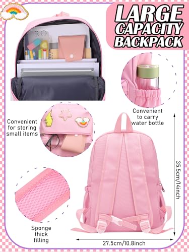 Preppy Backpack for Girls Back to School Gift School Book Backpack with Rainbow Chenille Patches(Pink)2