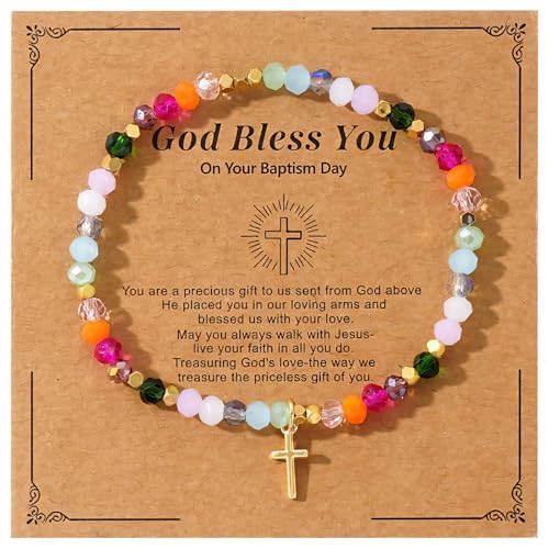 Cross Beaded Bracelet for Women God Bless You Cross Bracelet Natural Stone Brac-elets Religious Catholic Christian Gifts for Daughter Granddaughter Sister Friends