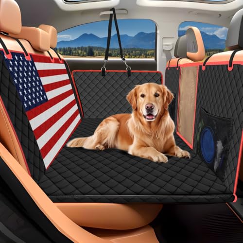 EcoSoulz Extensor de asiento trasero para perros – Funda de asiento de coche de parte inferior dura para perros con capacidad para 400 libras con cinturón de seguridad, cuenco de agua y bolsa de