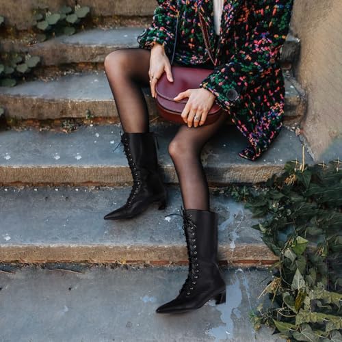 LanreyTaley Women's Mid Calf Boots Back Zipper Victorian Lace Up Vintage Boots Kitten Heel Daily4