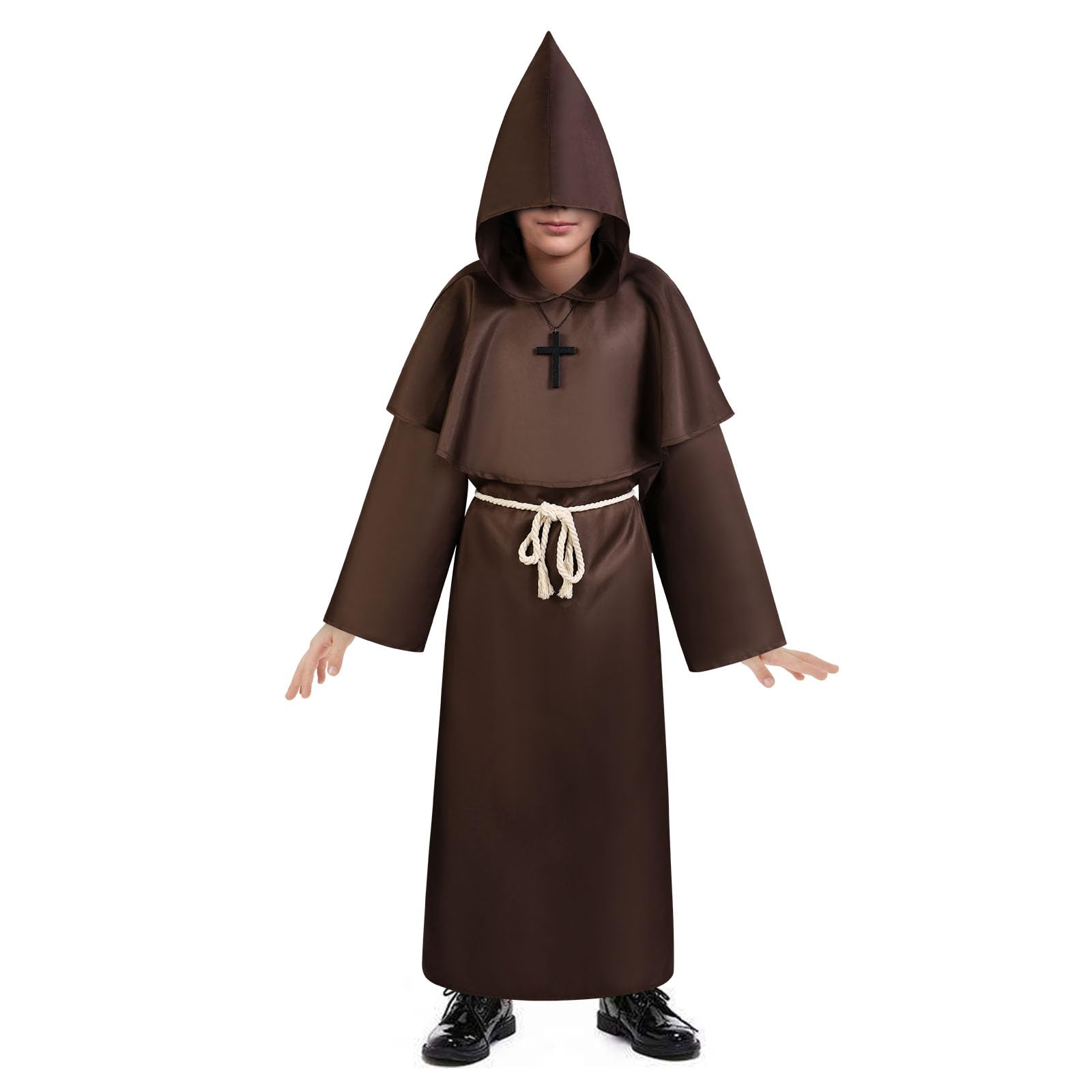 AUYAO Kid Monk Costume, Children Cloak Robe Cosplay Fancy Dress, Kids Medieval Hooded Robe Priest Outfits Renaissance, Kid Hooded Cloak Knight Vintage Wicked Costumes Halloween Carnival Cosplay(Brown)