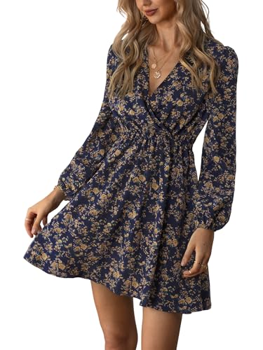 51uf291ZEAL - CUPSHE Vestido de verano con volantes florales para mujer, cuello en V, manga larga campesina, cintura elástica, fluido, casual, vestido corto para vacaciones, Multicolorido, XL