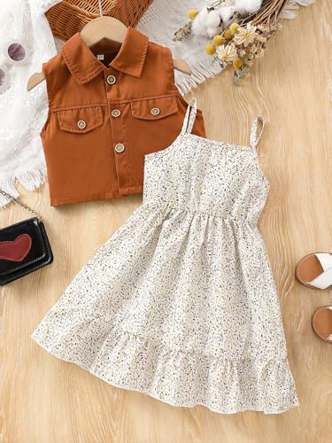 2PCS Girls' Floral Dress Set - Preschool Spring & Autumn Outfits for Ages 3-7 | Soft Cotton Play Dress + Matching Cardigan3