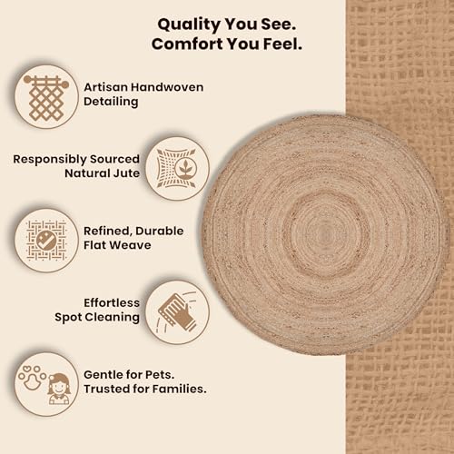 Craft Trade Handgewebt Natur Boho Jute Teppich Reversibel Geflochten Waschbarer Rund Juteteppich für Küche Wohnzimmer und Schlafzimmer- 150 cm