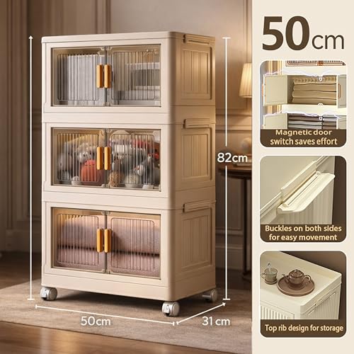 Image of BAMEOS ๐ ๐๐๐๐ Plastic Rack for Storage Cabinet with Wheels | Multipurpose Shelf Storage Services Almirah Wardrobe for Clothes, Kitchen Cupboard | Plastic Organizer with Transparent Doors - WHITE