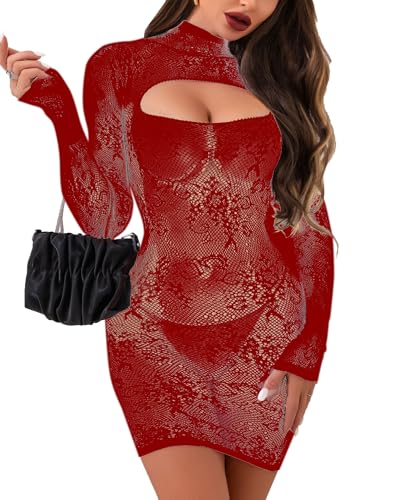 Hilergy Vestido de lingerie sexy para mulher, de rede, oco, justo, roupa de noite, fato de praia, Vermelho vinho, Tamanho único