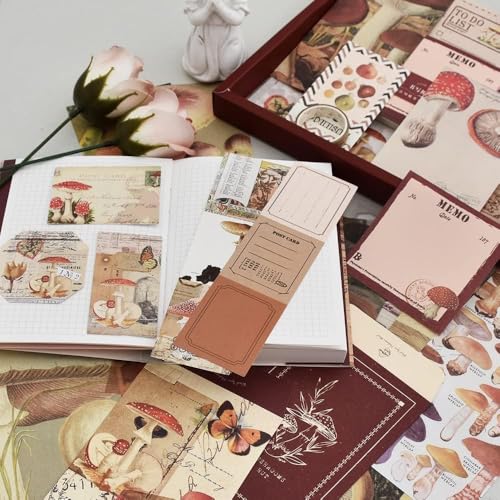Image of GDNK 346pcs Vintage Journal Scrapbook Pack Kit for Art Journaling Bullet, Planners DIY Paper Stickers, Craft Kits Notebook, Collage Album Aesthetic Sticker (Moonlight) (Red Mushroom)