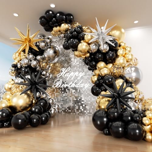 PTGOLUO Black Gold and Silver Balloon Arch Garland Kit 153pcs with Star 22 18 12 10 5in Different Size Black Gold Sliver Balloons for Birthday Anniversary 2026 Graduation New Year Party Decoration