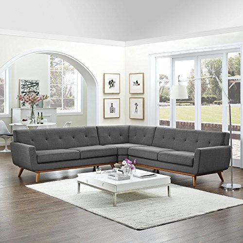 Modway Engage Mid-Century Modern Upholstered Fabric L-Shaped Sectional Sofa in Gray