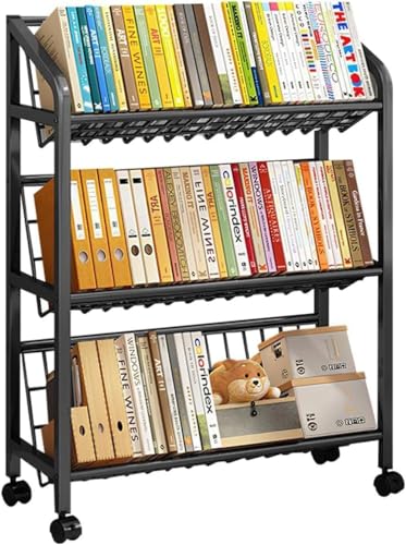 YAKINO ファイルワゴン 4段 ブックトラック 書類収納 本棚 キャスター 童? 教科書 収納 360°キャスター付き オフィス 家庭 学校 ブラック 適用 (ブラック,70cm 長 三段式)
