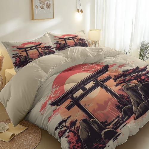 Funda Nórdica de Microfibra Cama 105, Juegos de Cama Oriental Arquitectura Japonesa Puerta Torii Tema Incluye 2 Fundas de Almohada 50 x 75 cm, 200 x 200 cm Funda Nórdica, Crema