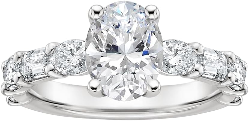 IGI 3.0 Carat White Oval Excellent Cut Four Prongs Lab Created Diamond Engagement Ring With Side Oval and Emerald Lab Diamonds In 14k Gold For Women