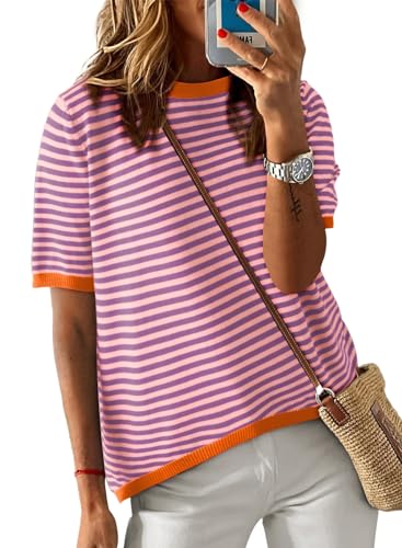 Image of Dokotoo Womens Tops 2026 Casual Summer Crewneck Short Sleeve Striped Color Block Knit High Low Trendy Pullover Sweaters