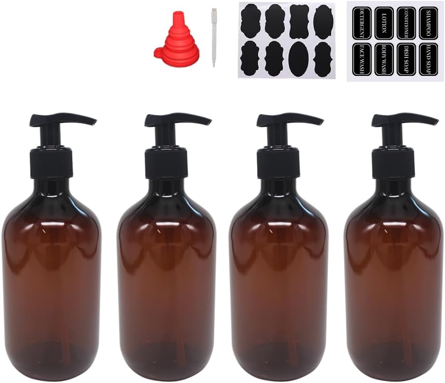 4 Pack 16 OZ Empty Plastic Pump Lotion Bottles with 1 Pen, Labels & Silicone Funnel, Amber Color Lotion Dispenser with Locking Pump for Body Wash, Shampoo, Massage Lotion, Gel