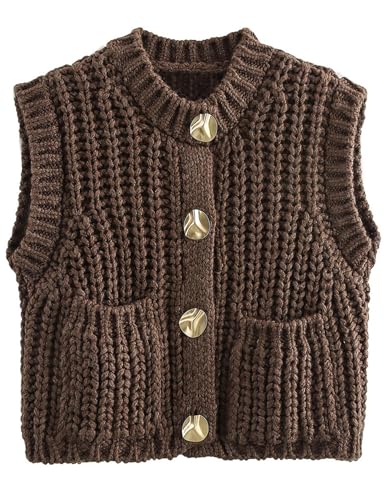 Image of Yimoon Sweater Vest Women Cropped Gold Button Chunky Knit Vest Sleeveless Crop Knit Cardigan(Coffee-M)