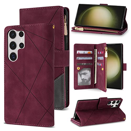 Neiye Compatible with Samsung Galaxy S23 Ultra Wallet Case With RFID Blocking Zipper Card Slots Stand Protective Flip Splicing PU Leather Phone Cover For Galaxy S23 Ultra Case Wallet(6.8 inch-WineRed)