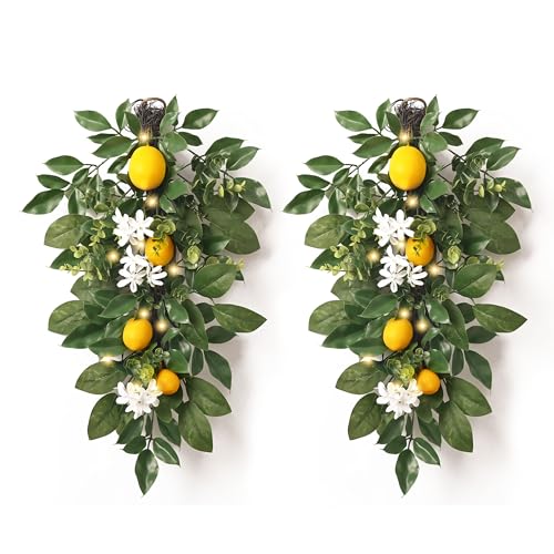 Valery Madelyn 2 Pack Pre-Lit Spring Lemon Teardrop Swag with Lights, 24 inch Summer Fruit Teardrop Wreath with Blueberries for Front Door Wall Window Indoor Outdoor Stair Shelf Home Decor