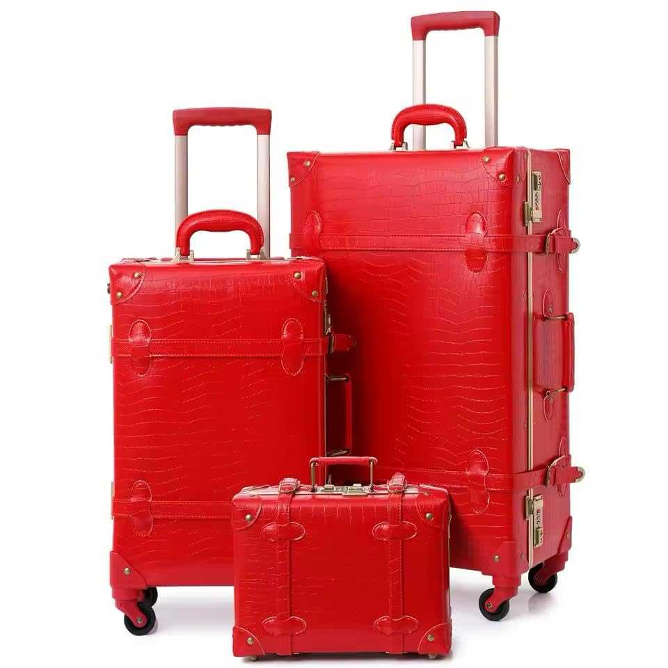 Vintage Style Luggage Set, 3-Piece Red Leather, 12/20/26 inch Spinner Suitcases with Double Aluminum Frame