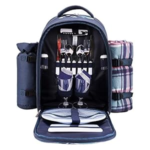 apollo walker Picnic Backpack Bag for 2 Person with Cooler Compartment, Detachable Bottle/Wine Holder, Fleece Blanket, Plates and Cutlery (Blue)