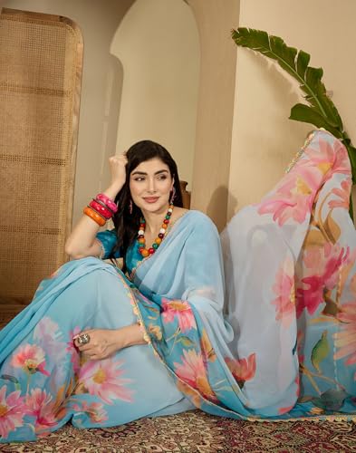 Image of SIRIL Women's Georgette Floral Printed Saree with Unstitched Blouse Piece