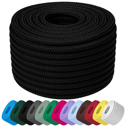 TECEUM Seil - 7 MM & 10 MM - 27.5M | 46M - Starkes Allzweckseil - Camping Basteln Fahnenmast drinnen & draußen - Polypropylen Nylon Poly leichtes Diamant geflochtenes Seil - Schwarz
