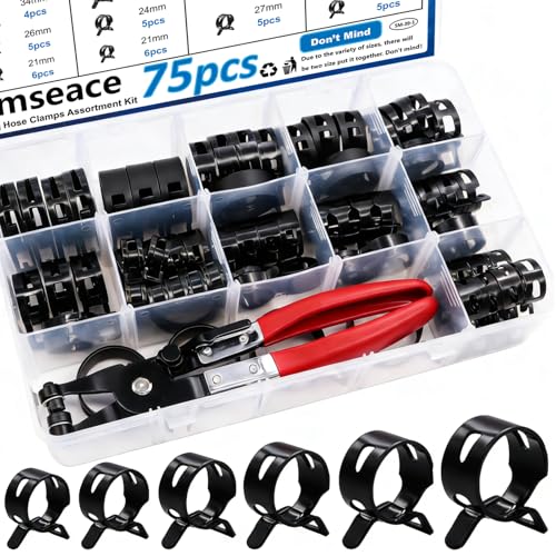 Image of smseace 75Pcs Spring Band Hose Clamp 19 21 23 24 25 26 27 28 30 32 34 36 38mm Constant Tension Hose Clamp With Plier used for Fuel Line,Vacuum Hose,Air Hose Spring Hose Clamp Kit