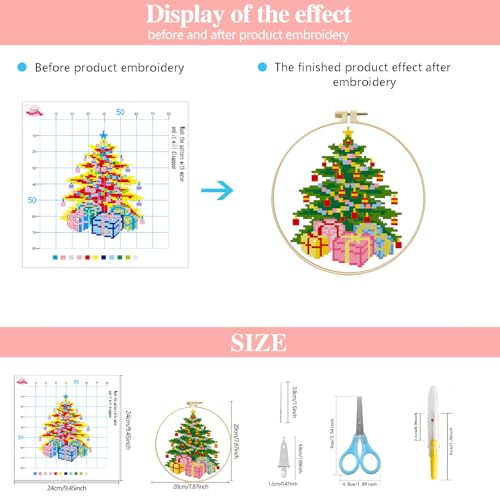 Image of Zhenqing Christmas Tree & Bells Cross Stitch Kit with Hoop - 11CT Pre-Printed 24x24cm Fabric & Complete Tools for Beginners (68321)