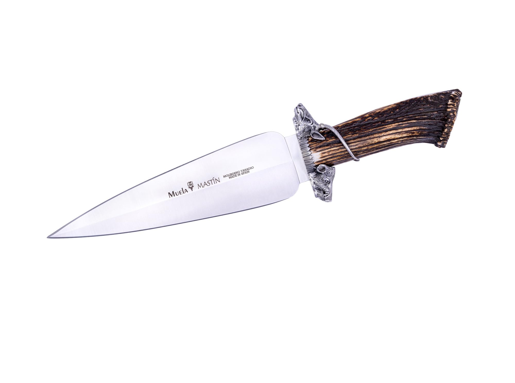 ELECTROPOLIS Cuchillo de remate Muela Mastin MASTIN.E, puño con asta de Ciervo, Hoja de Acero Inoxidable MOVA de 24,5 cm, presentación en Estuche de Madera + Tarjeta Multiusos de Regalo