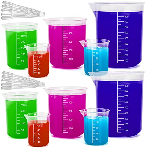 20 Stück Kunststoffbecher-Set aus verdicktem Kunststoff, doppelseitig, abgestuft, 50/100/250/300/500/1000 ml, Messbecher mit 3 ml Einweg-Pipetten, für Küche, Labor, Seifenherstellung, Harzmischung thumbnail