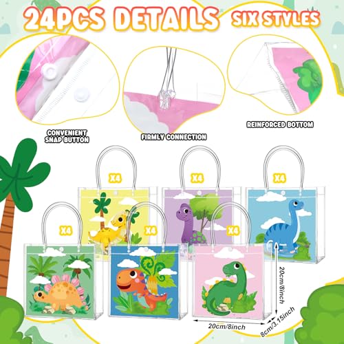 Image of Teenyyou 24 Pcs Dinosaur Clear Gift Bags with Handles Cute Dinosaur Party Favor Candy Snack Treat Bags for Birthday Baby Shower Dino Theme Party Supplies