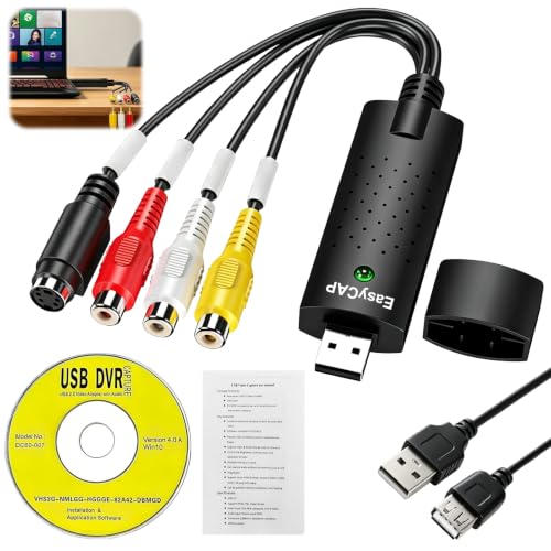 Convertidor VHS a Digital RCA Capturadora de Video y Audio USB Convertidor para VHS VCR TV DVD Analog zu Digital Video Konverter para Windows 11 10 8 7 Mac XP Vista Negro