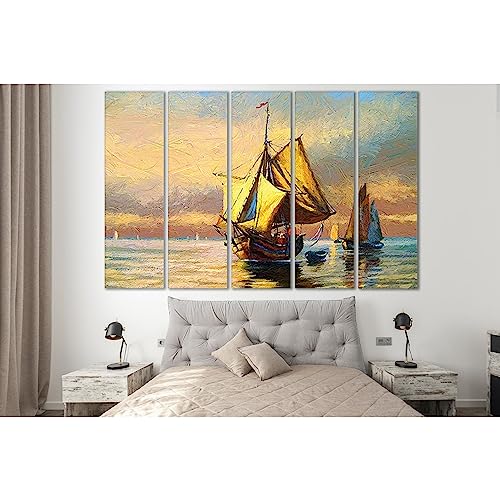 Cuadro de barco antiguo en el mar de 5 paneles, ideal para decorar un salón marinero de 90x60cm
