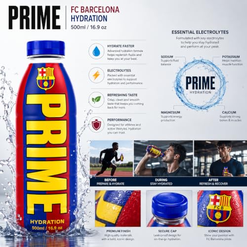 Image of PRIME - Hydration FC Barcelona Sports Drink 16.9 fl oz (500ml) By COUGAR | Electrolyte Hydration Beverage | FC Barcelona Limited Edition Bottle | Ready to Drink Refreshment | Sports & Lifestyle Hydration Drink - (Imported - UK)