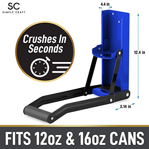 Simple Craft 12-16 oz Can Crusher - Metal Can Crusher Wall Mounted With Easy Pull-Down Mechanism - Heavy Duty Aluminum Can Crusher For Recycling Soda, Beer Cans, Seltzer, & Plastic Bottles (Blue)