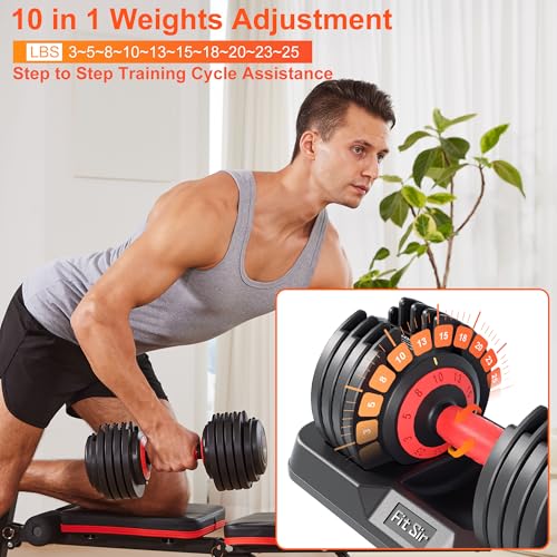 Fit Sir Adjustable Dumbbell Set, 10-in-1 25LB Ajustable Dumbbells with Safe Locking System, Enclosed Storage Tray, 1 Sec Fast Adjustment, Comfortable Non-Slip Textured Grip, Suitable for Home Gym Workouts Men and Women
